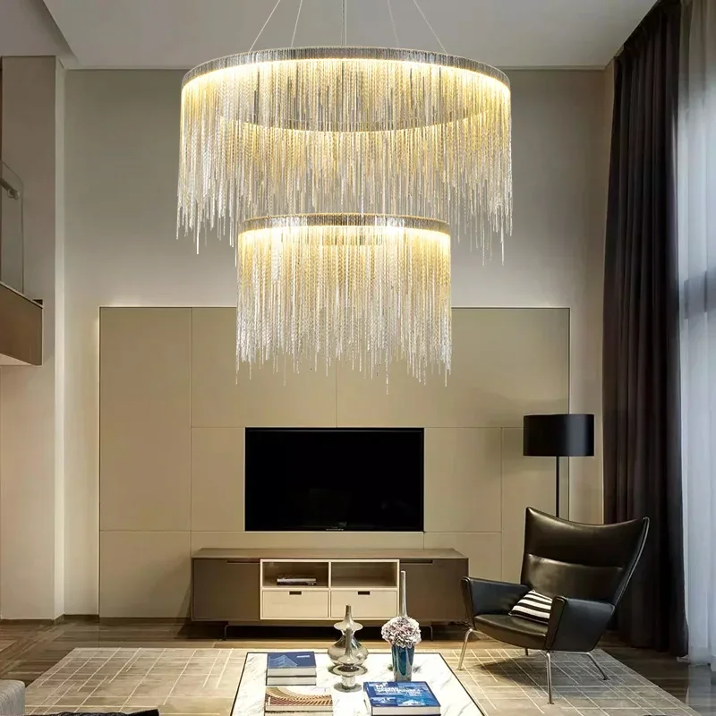 

FSS Modern Tassel Chandelier Aluminum Chain Silver/Rose Gold Round Living Room Dining Bedroom LED Light