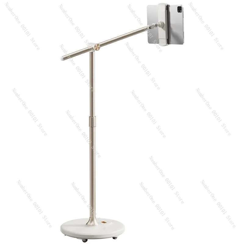 Cream White Rolling Floor Stand Live Streaming Boom Arm Holder Overhead Phone Tablet Mount Adjustable Cantilever Bracket  Top