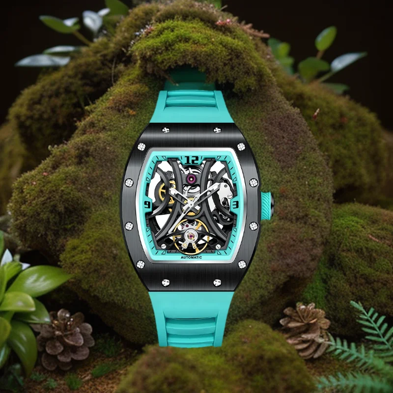 ساعة أوتوماتيكية بنمط جديد بقرص تونيو وحزام سيليكون مقاوم للماء ساعة يد ميكانيكية رياضية من الفولاذ المقاوم للصدأ 2025