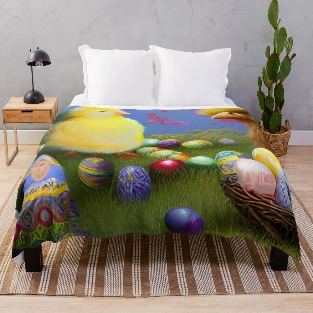 

Colorful Festive Easter Eggs Easter Bunny Spring Flowers Chick Version 10 Throw Blanket Single Flannels Blankets