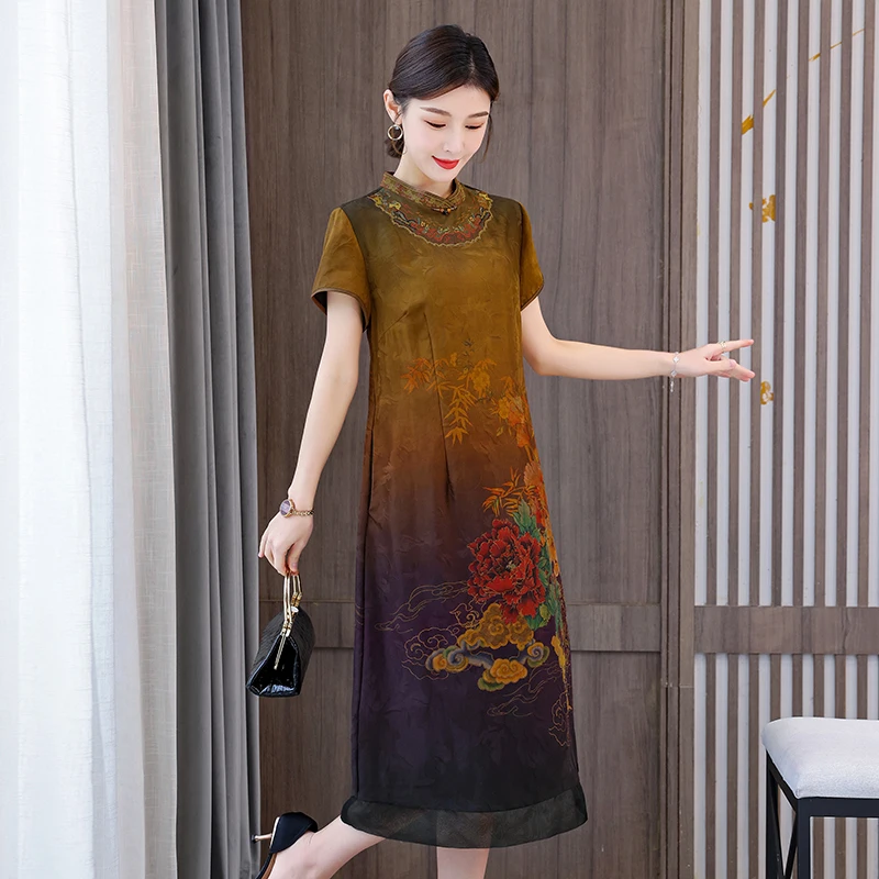 Summer Fashion Silk Printed Dress For Women 2023 New Elegant Short Sleeve Waist Shrinking Leisure Holiday Dress Vestidos