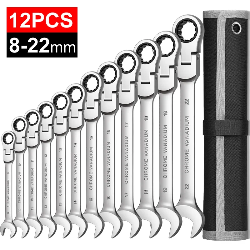 

12 Piece Metric Flex-Head Ratcheting Wrench Set,Professional CR-V Ratchet Wrenches,Combination Ended Spanner Kit with Canvas Bag