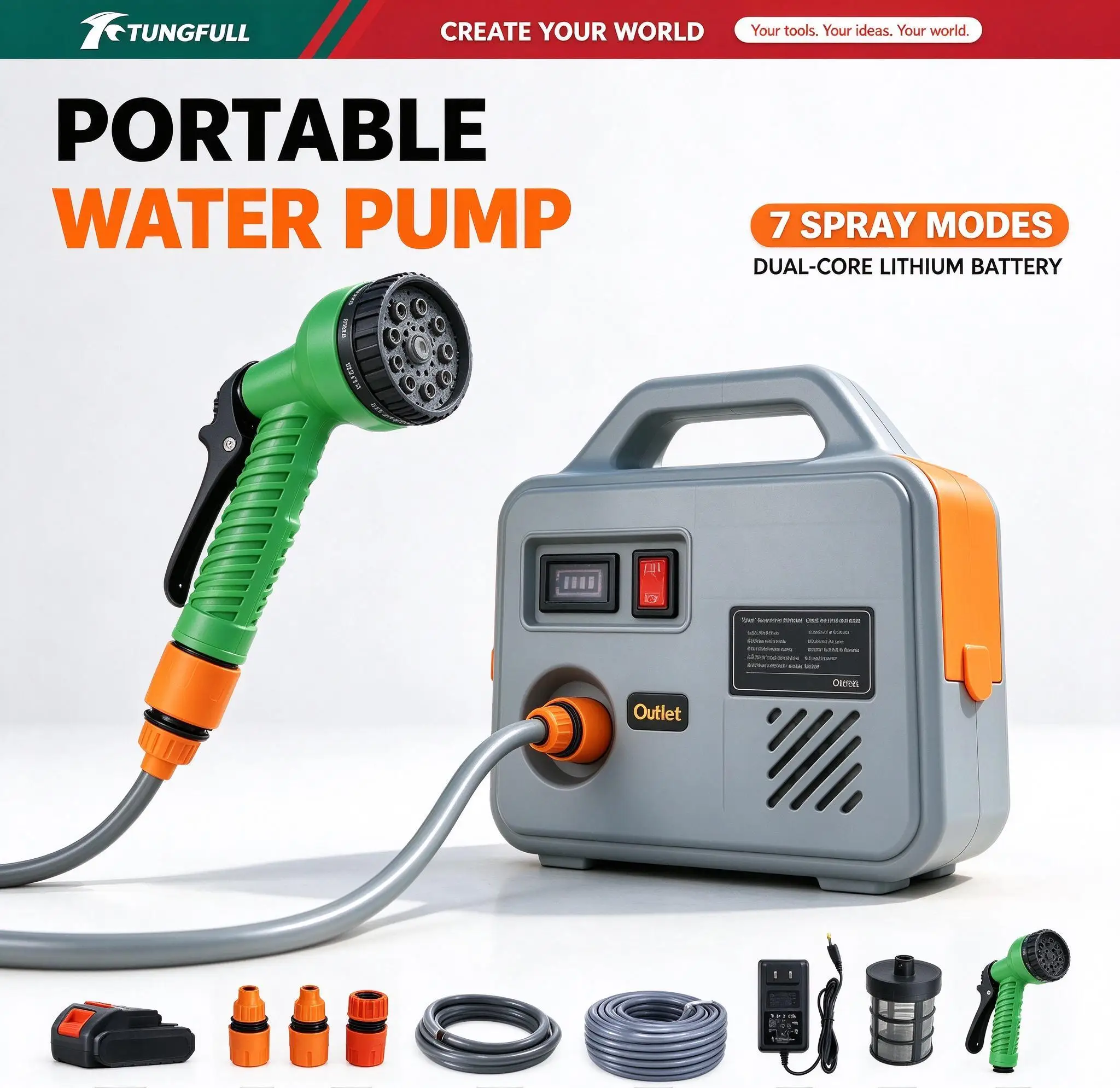 Cordless Battery Portable Irrigation Pump Kit with 7 Spray Modes Lightweight Handle for Outdoor Yard Dog Washing