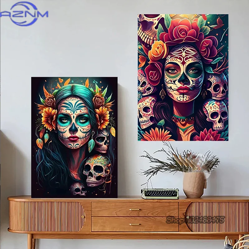 Mexican Girl Day of The Dead Gothic Catrina Sugar Skull Canvas Painting Posters and Prints Wall Art Picture for Room Home Decor