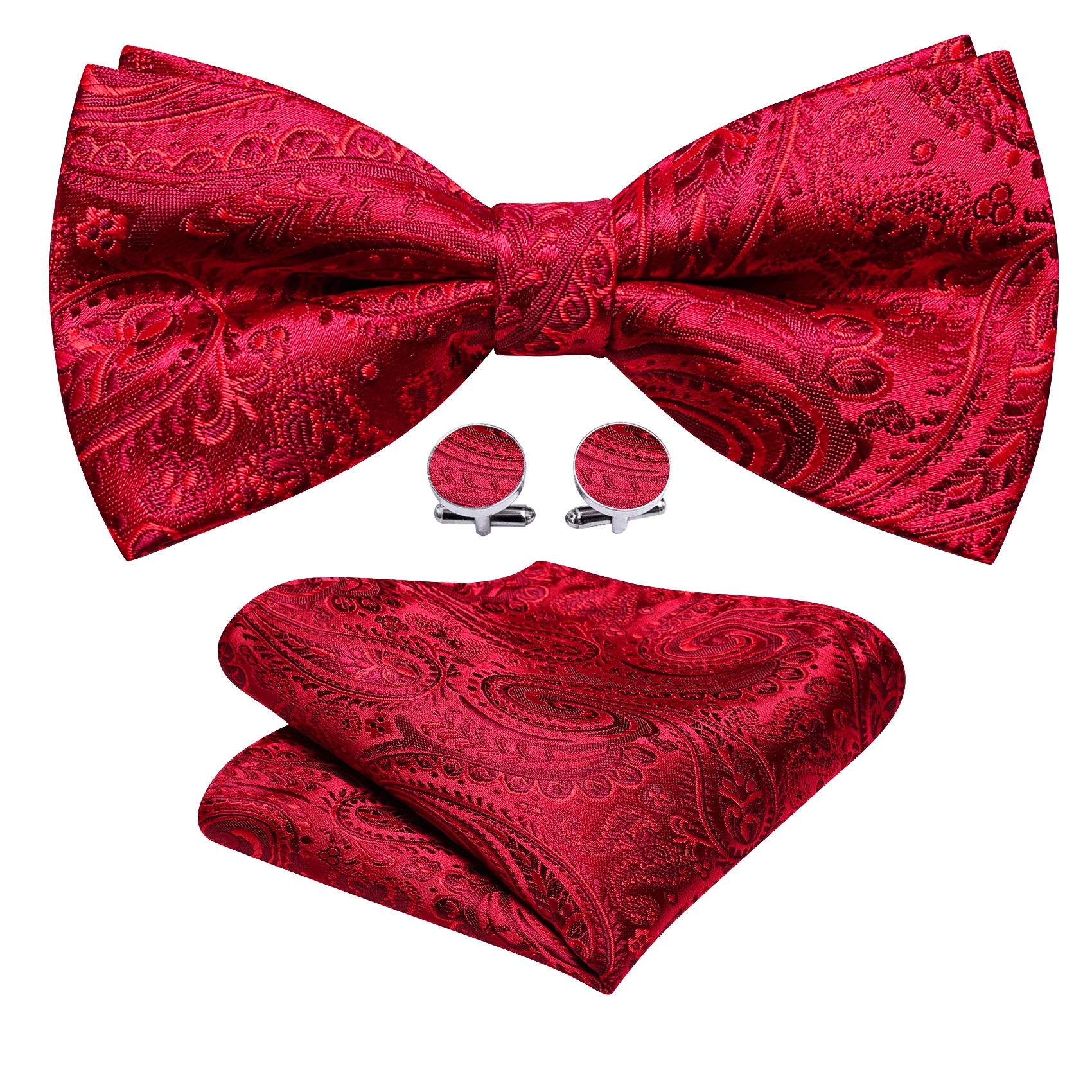 Barry.Wang Jacquard Herren Fliege Golden Schwarz Rot Paisley Solide vorgebundene Fliege Einstecktuch Manschettenknöpfe Set Pre Hochzeit Party