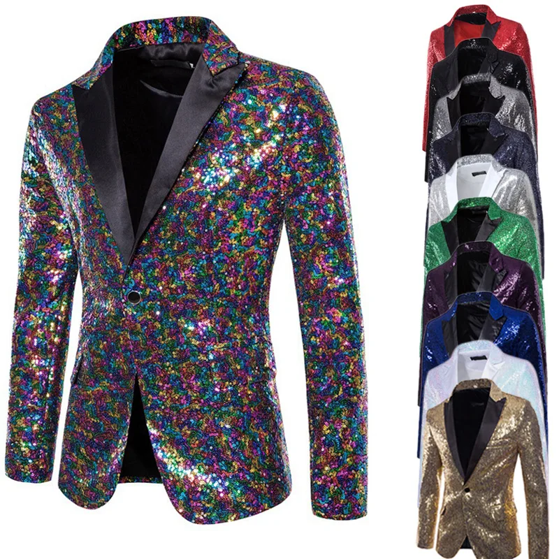 

2026 Men Luxury Sequin Blazer Jacket Green Silver Fashion Nightclub Bar KTV Stage Show Party Prom Dress Coat