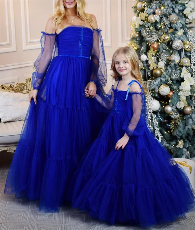 Blue Customise Mother Daughter Matching Dresses Mommy and Me Dresses Long Length Flower Girl Dress Birthday Party Two Pieces