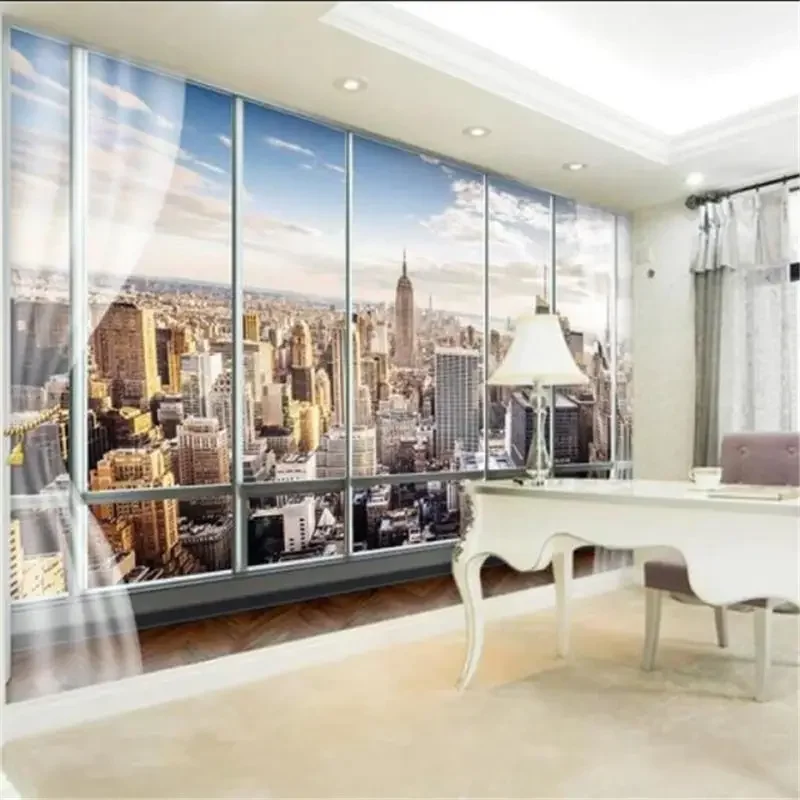 Custom mural wallpaper three-dimensional window city building TV living room background wall decoration 3d wallpaper