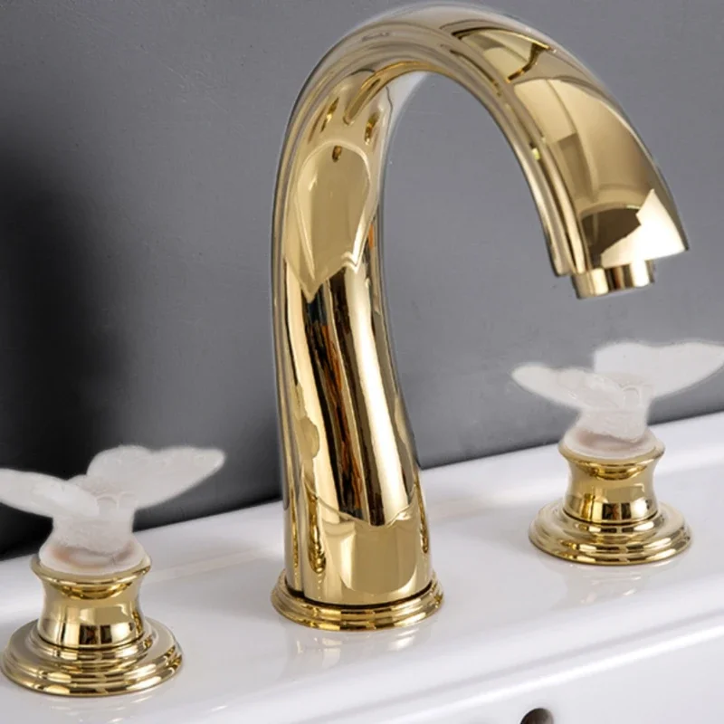 Brass three-hole basin faucet antique hot and cold faucet K9 crystal two-hand handle single three-hole