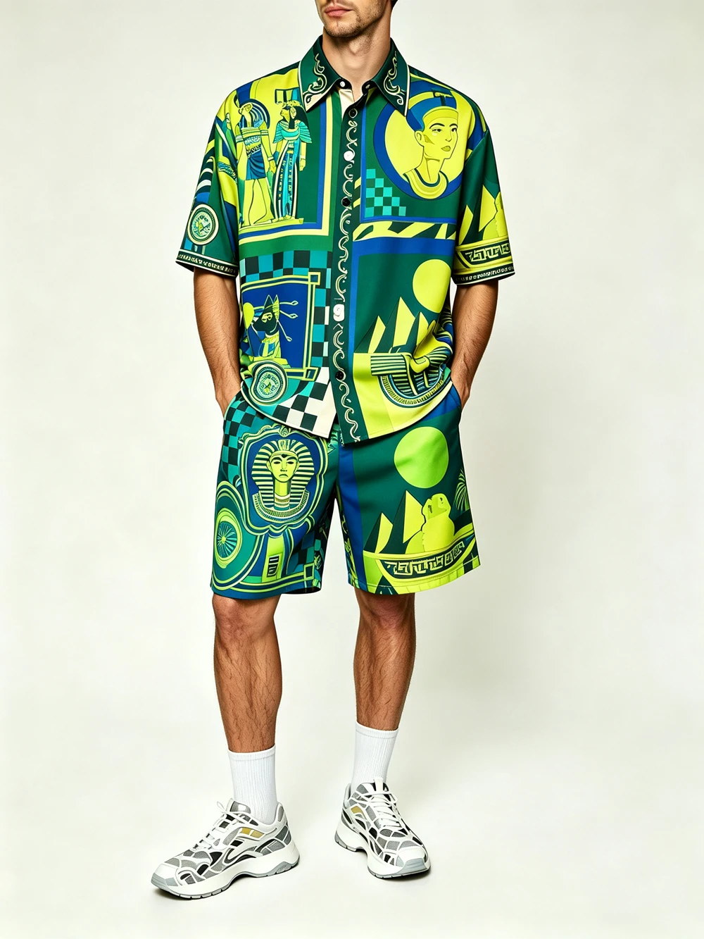 2026 Men's Fashion Casual Short-Sleeve Shorts Set with Natural Figure Pattern Print Shirt Hawaiian Vacation Festival Party Men's