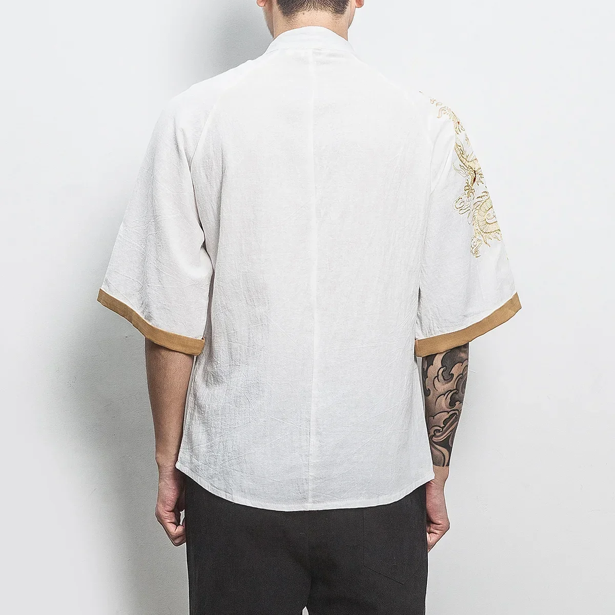 Embroidery Golden Dragon Shirts Men\'s Chinese Style Retro Linen Kungfu Short Sleeve Cardigan Mens Casual Novelty Loose Shirt Men
