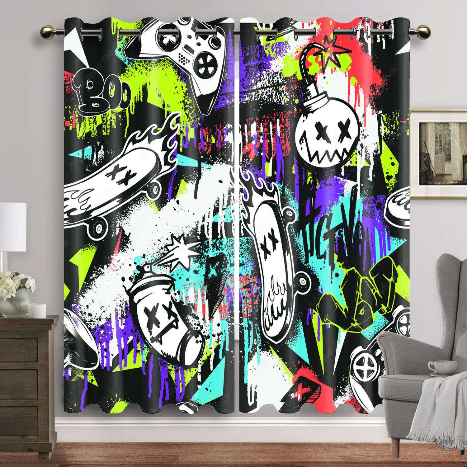 Cartoon Gamepad Blackout Curtains for The Bedroom Graffiti Words Video Games Window Drapes Game Players Living Room Decoration