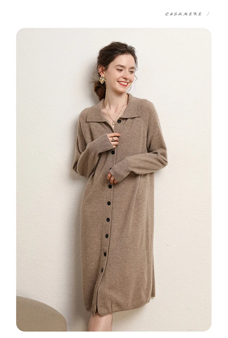 Sukienka kaszmirowa jesień-zima damska golf sweter długi wełniany kardigan dzianinowy spódnica średniej długości luźna sukienka damska plus size