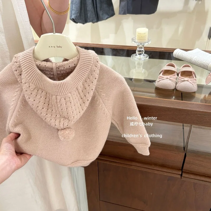 Korean Girls' Autumn and Winter Clothing New Hollow Hook Flower Thick Sweater Jacket Hooded Knitted Sweater