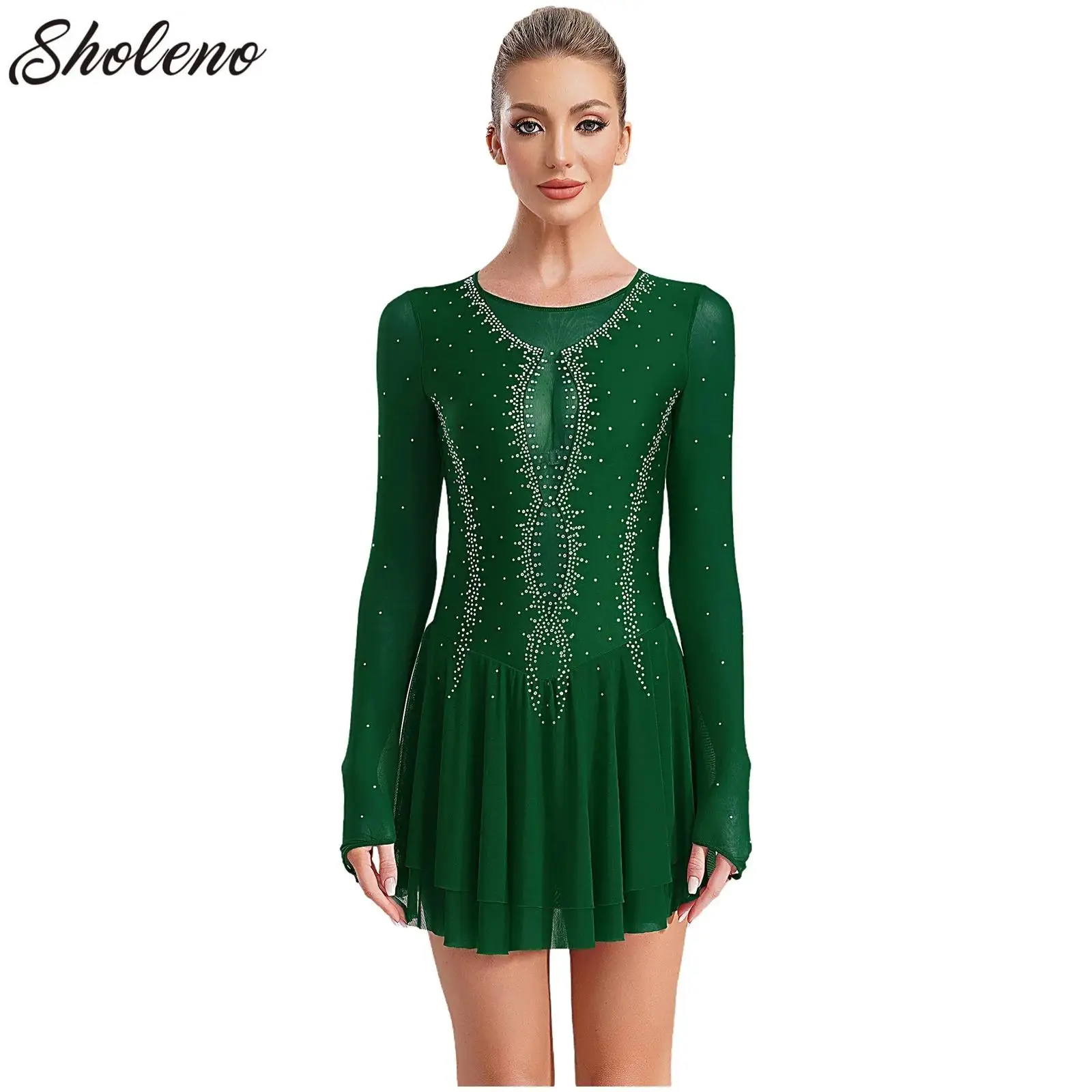 

Women's Lyrical Dance Performance Costume Shiny Rhinestones Long Sleeve Gymnastics Leotard Figure Skating Ballet Dancewear