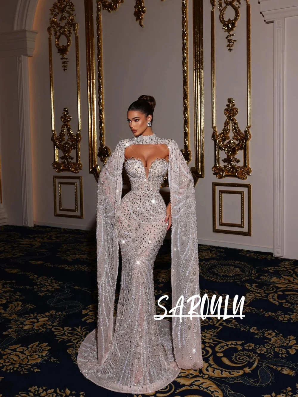 

High-end Fashion Sparkly Rhinestone Evening Dress Women Sexy Deep V Neck Cape Sleeve Mermaid Prom Gown With Train Customized
