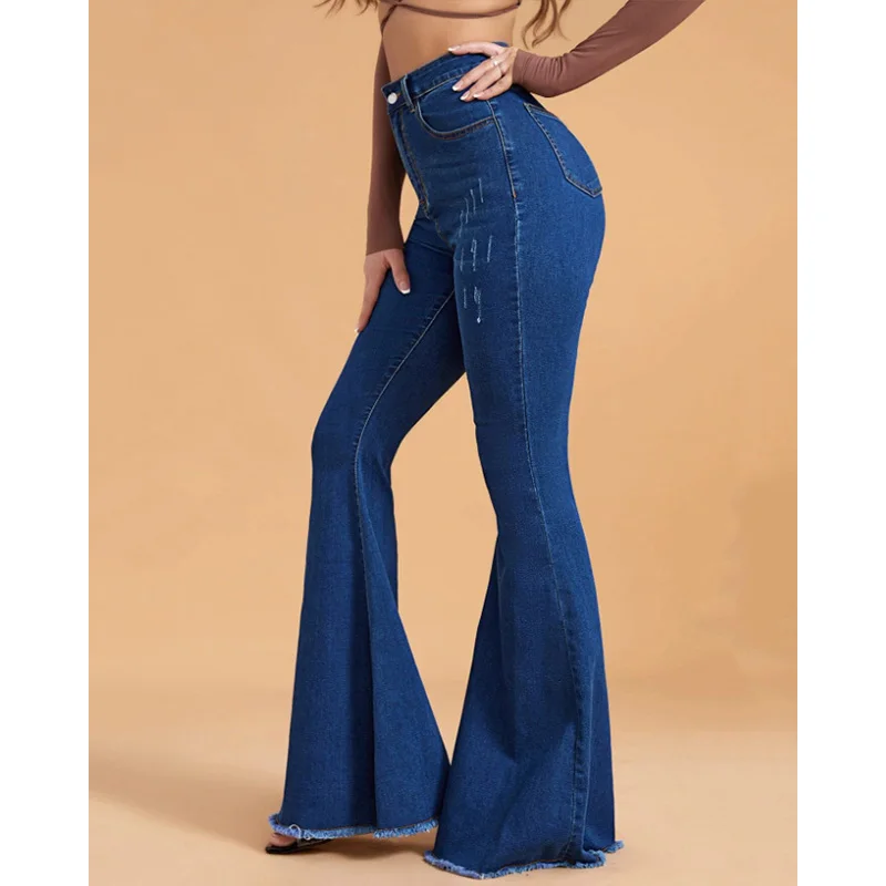 New Fashion Slimming Elastic High Waist Flare Pants for Women  Blue Slim Versatile Flared Long Pant