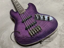 5 Strings Bass Guitar Purple Body White Binding Flamed Maple Top Fixed Bridge Rosewood Fingerboard Active Battery