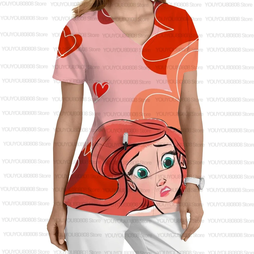 

Disney Princess Printed Nurse Uniform Dental Clinic V-neck Surgical Gown Princess Pet Hospital Work Clothes Women's Short Sleeve