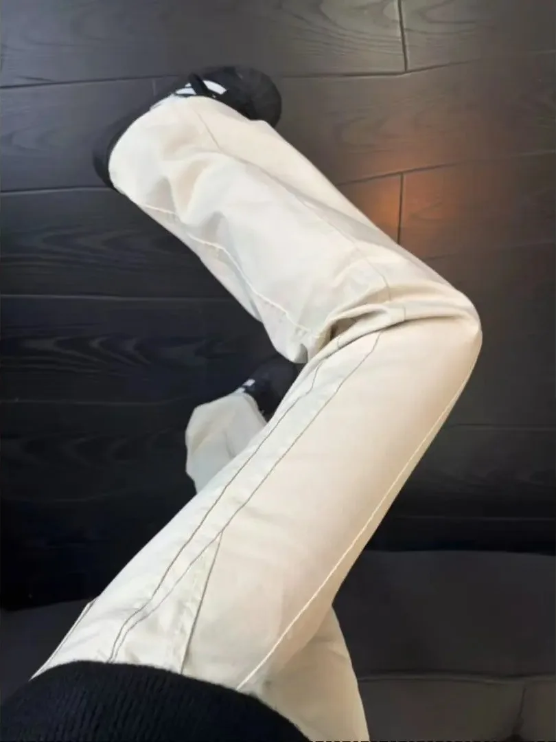 

Thiened American Sle Diagonal Cut Men's Jeans Autumn Winter Pure Cotton Waed Slim Fit Workwear Straight Leg Pants