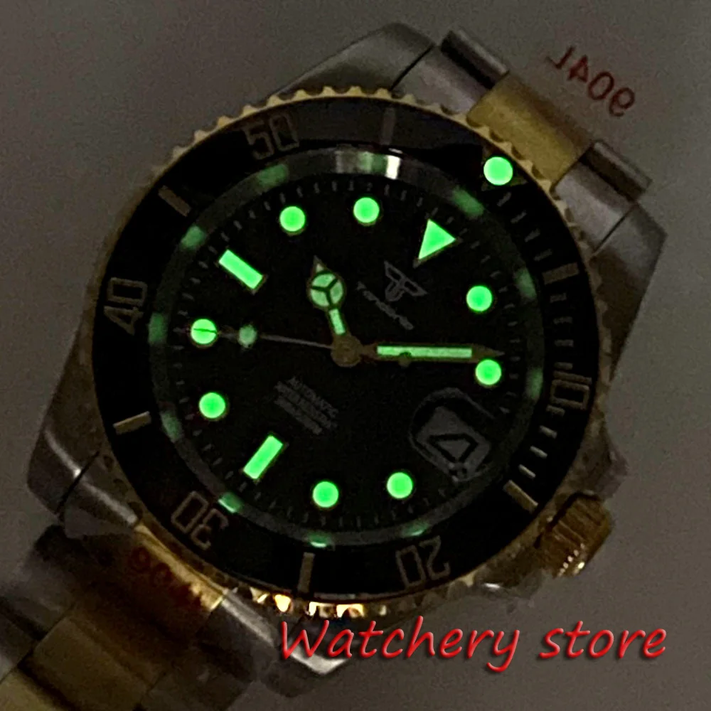 Tandorio 40mm Black Dial NH35A Automatic Movement Men\'s Watches Sapphire Glass Ceramic Bezel Stainless Steel Gold Bracelet