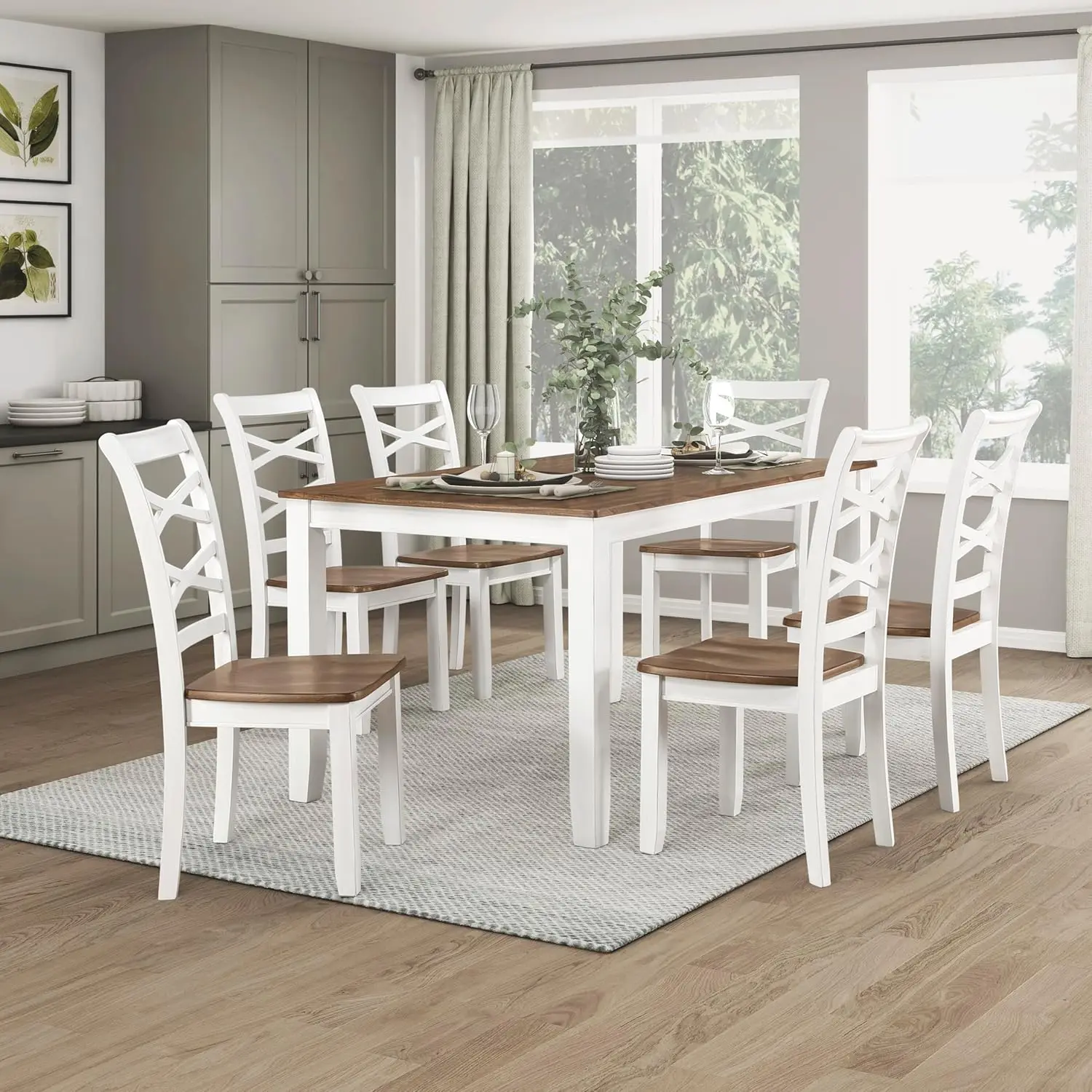 Dining Table Set for 6 with Cross Back Chairs, 7 Piece Farmhouse Kitchen Table Set, Solid Wood Dining Room Table and Cha