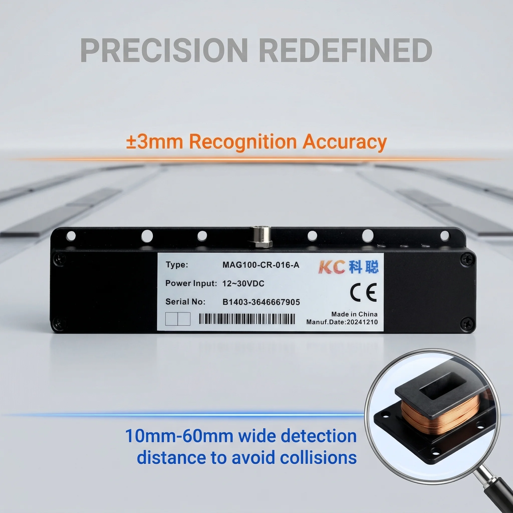 KCONBOT MAG100 AGV Guide Small Size Aluminum Casing Magnetic Navigation Sensor 10mm~80mm Range CAN/RS232 3mm Accuracy IP40