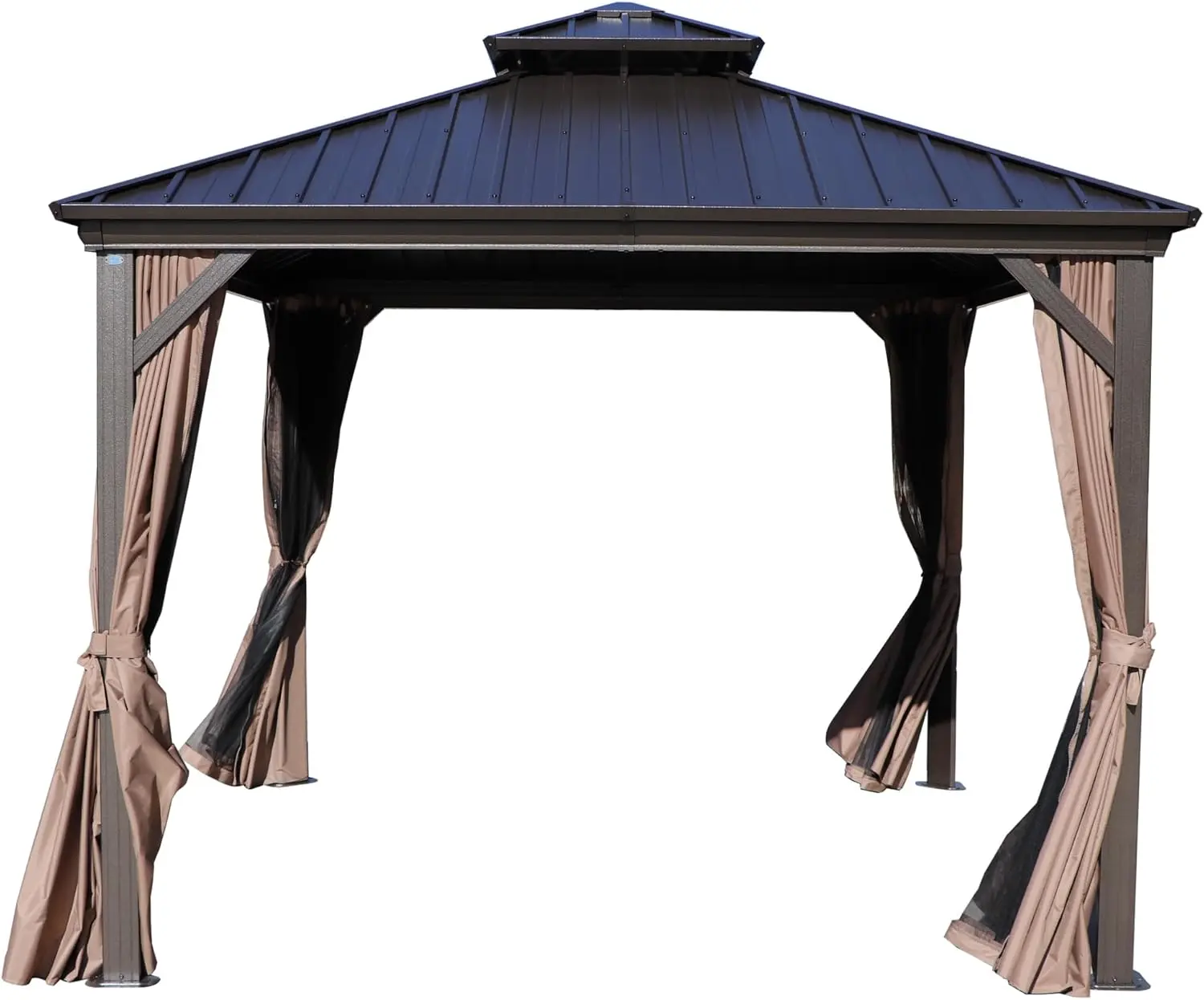 10'x10' Hardtop Gazebo Permanent Metal Pavilion with Netting and Shaded Curtains for Patio Backyard Deck Outdoor Aluminum Canopy