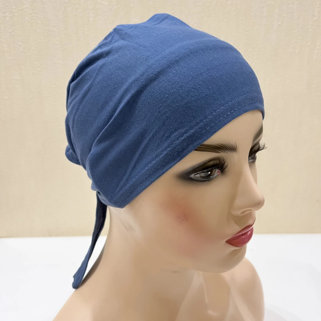 H048 Plain Cotton Tie Back Hats Muslim Turban Pure Color Stretch Inner Hijabs Underscarf Women Head Scarf Under Hijab Bonnet