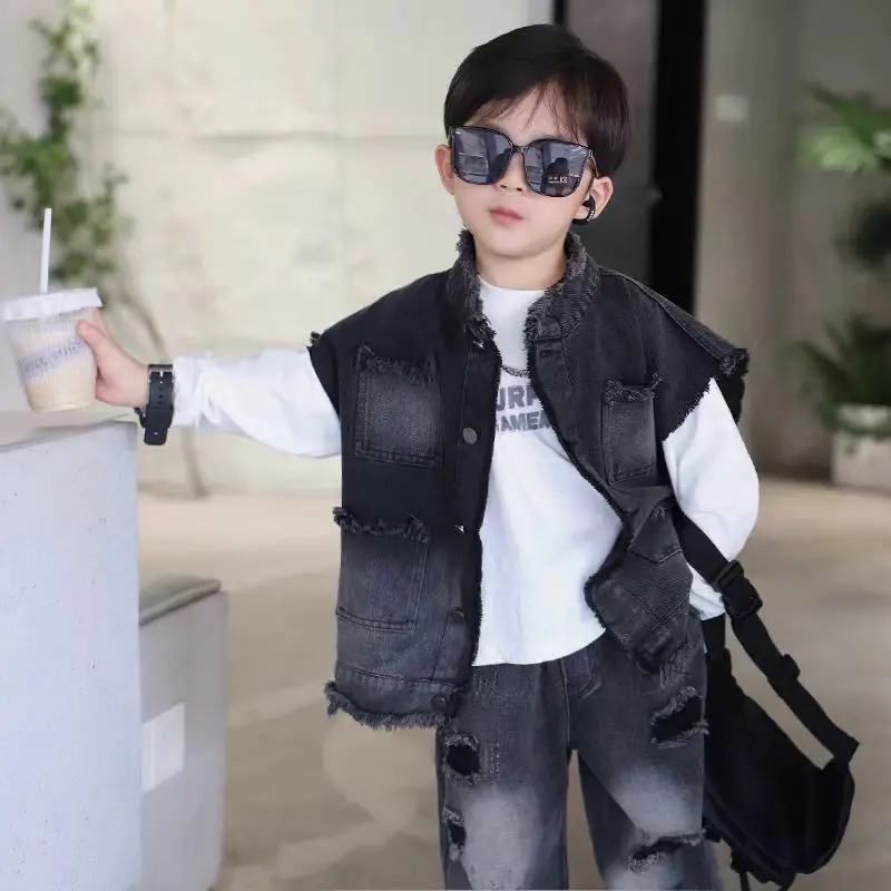 Boys' Sets Vest Jacket Shirts Jeans Three-piece Suits Spring And Autumn 2024 New Loose Korean Denim Clothes Hole Fashion Suits