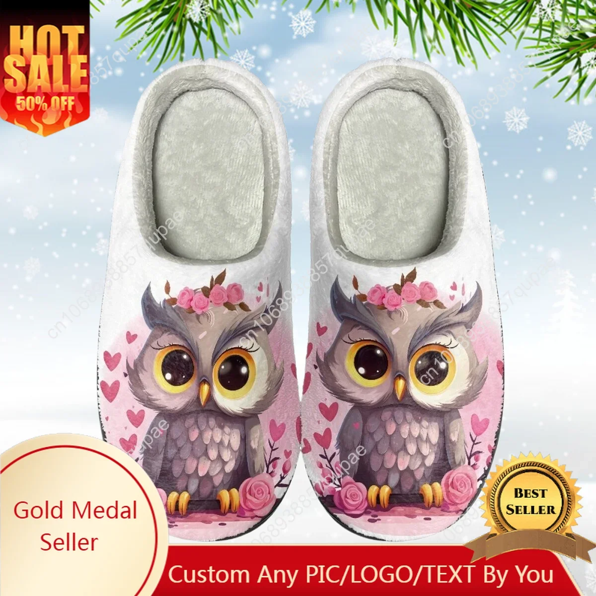 

Winter Cute Pink Owl Home Cotton Slippers Womens Thermal Indoor Slipper Customized DIY Shoe Plush Bedroom Casual Keep Warm Shoes