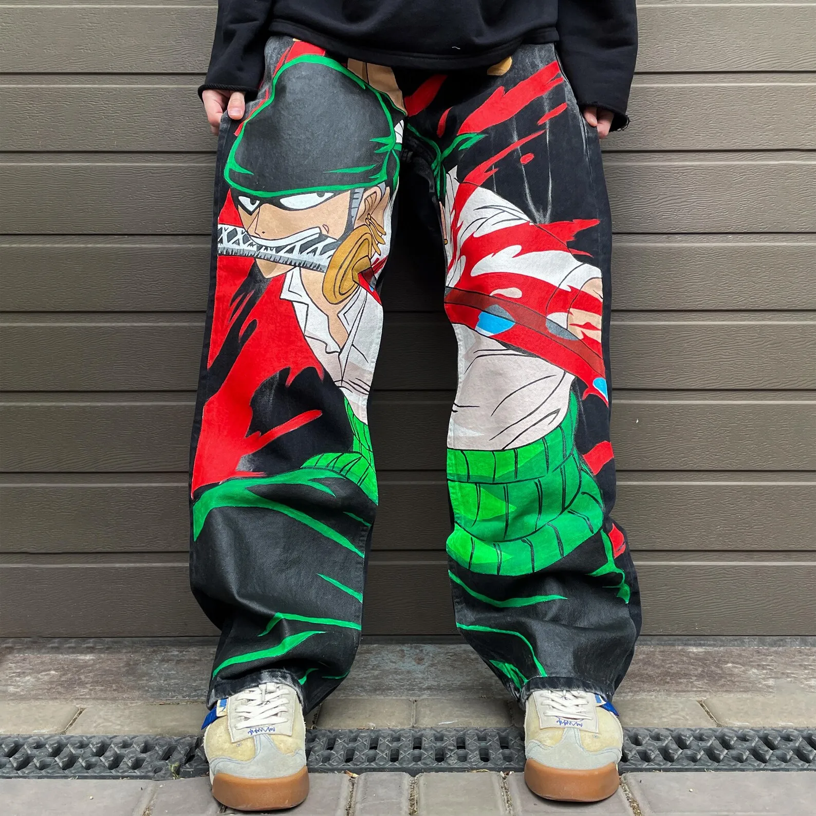 Harajuku anime roronoa zoro graphic wide leg jean couples high waist wide trouser pants streetwear y2k denim mens baggy jeans