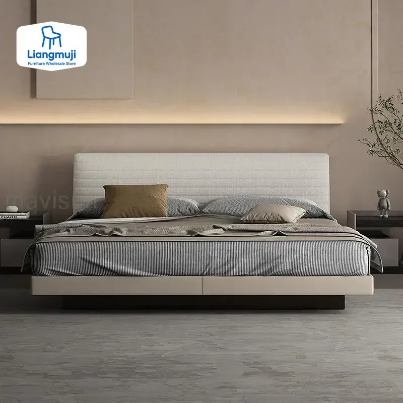 

Modern Minimalist Bed Of 2 People Cotton And Linen Fabric Solid Wood Bedroom Furniture Set Small Apartment Simplicity Double Bed