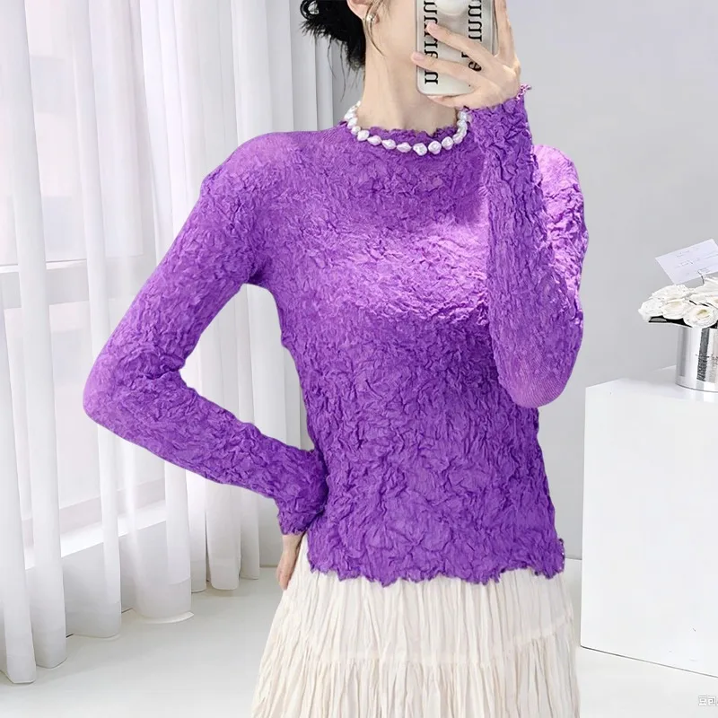 

Miyake рубашка с высоким воротом, женские модели, осень-зима, обтягивающие плиссированные эластичные топы с длинными рукавами, модные темпераментные универсальные топы, футболка