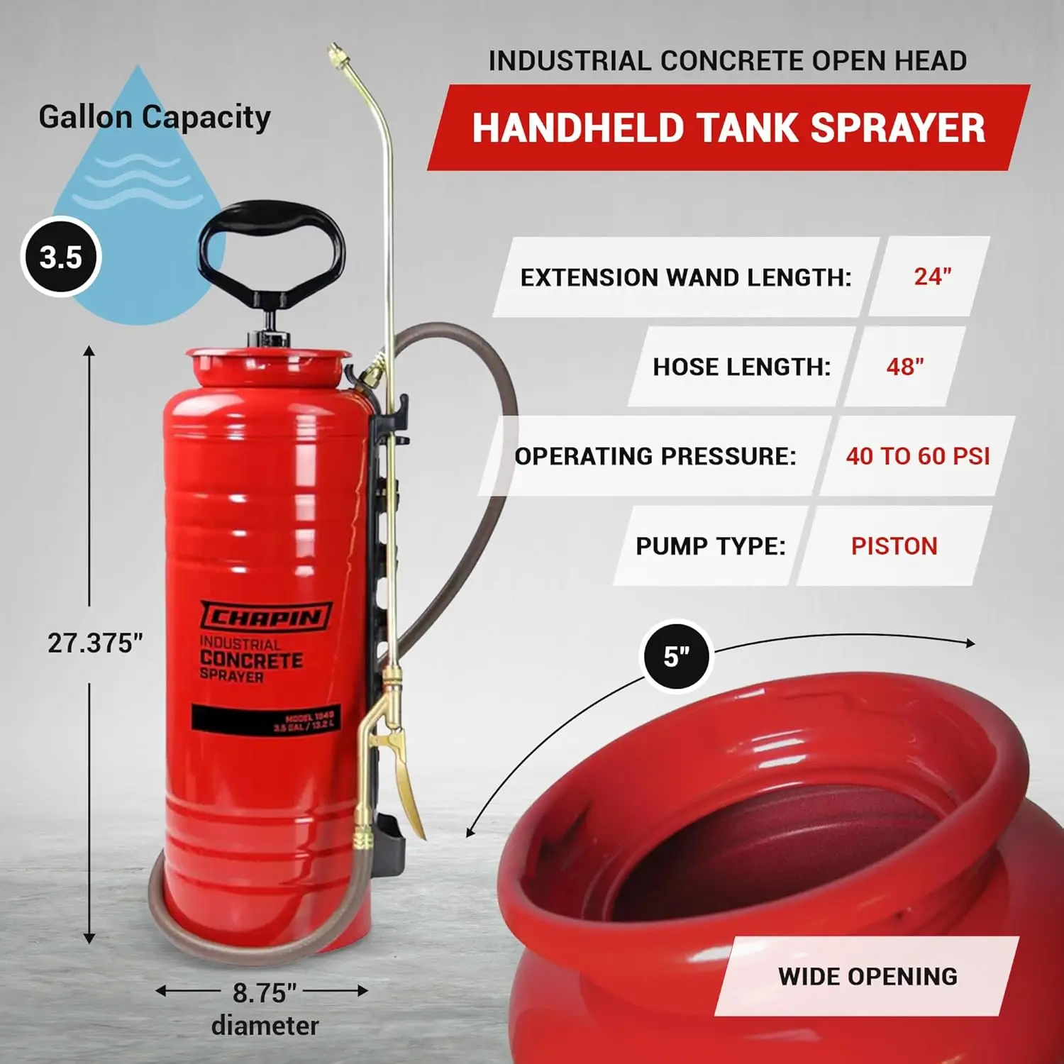 1949 3.5 แกลลอน Tri-Poxy Industrial Concrete Open Head Tank Sprayer – ถังเหล็กสีแดง, ซีลทนสารเคมี, เปิดกว้าง, Br