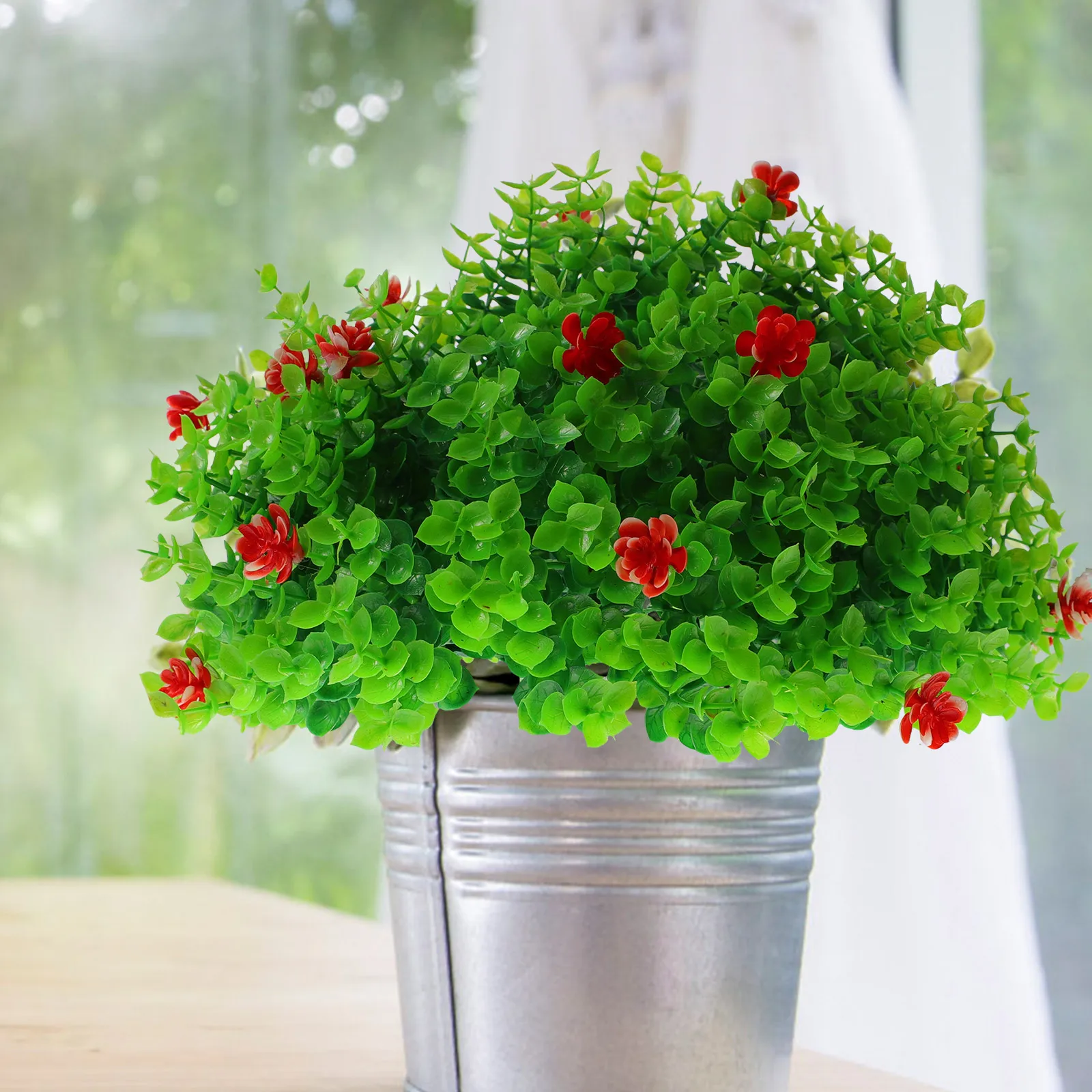 

Lifelike Green Eucalyptus Leaf Artificial Plant Ball Decor 30cm Diameter Red Flowers Home Garden Party Supplies Topiary Balls