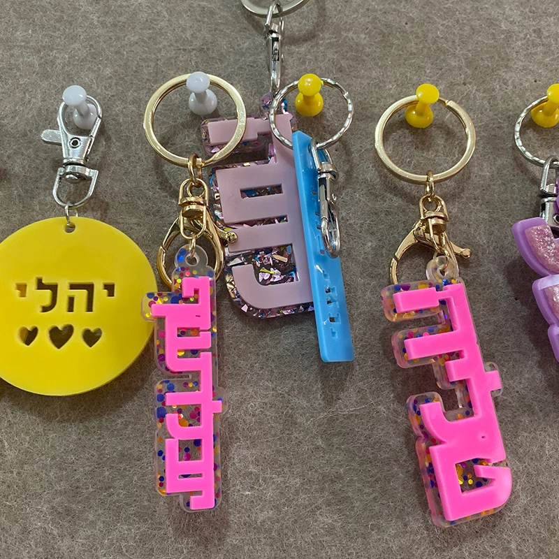 Fashion Acrylic Custom Name in Hebrew English Keychain All Language Personalized Nameplate Car Keyring Bag Charm Accessories view 2