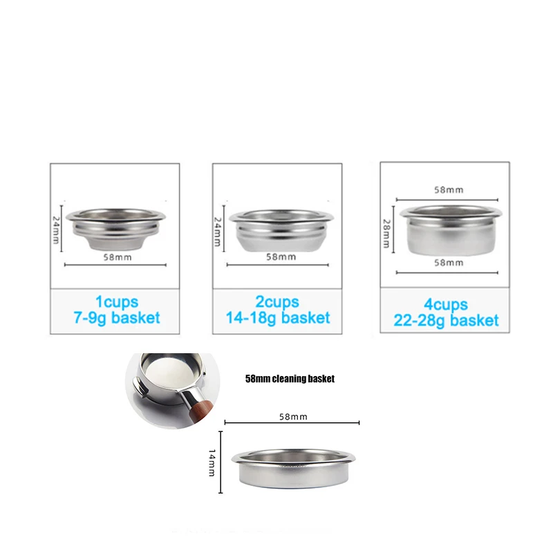 58mm 1/2/4 cups coffee basket 9-22g stainless steel pressure free coffee powder bowl Filters Basket Dosing Ring