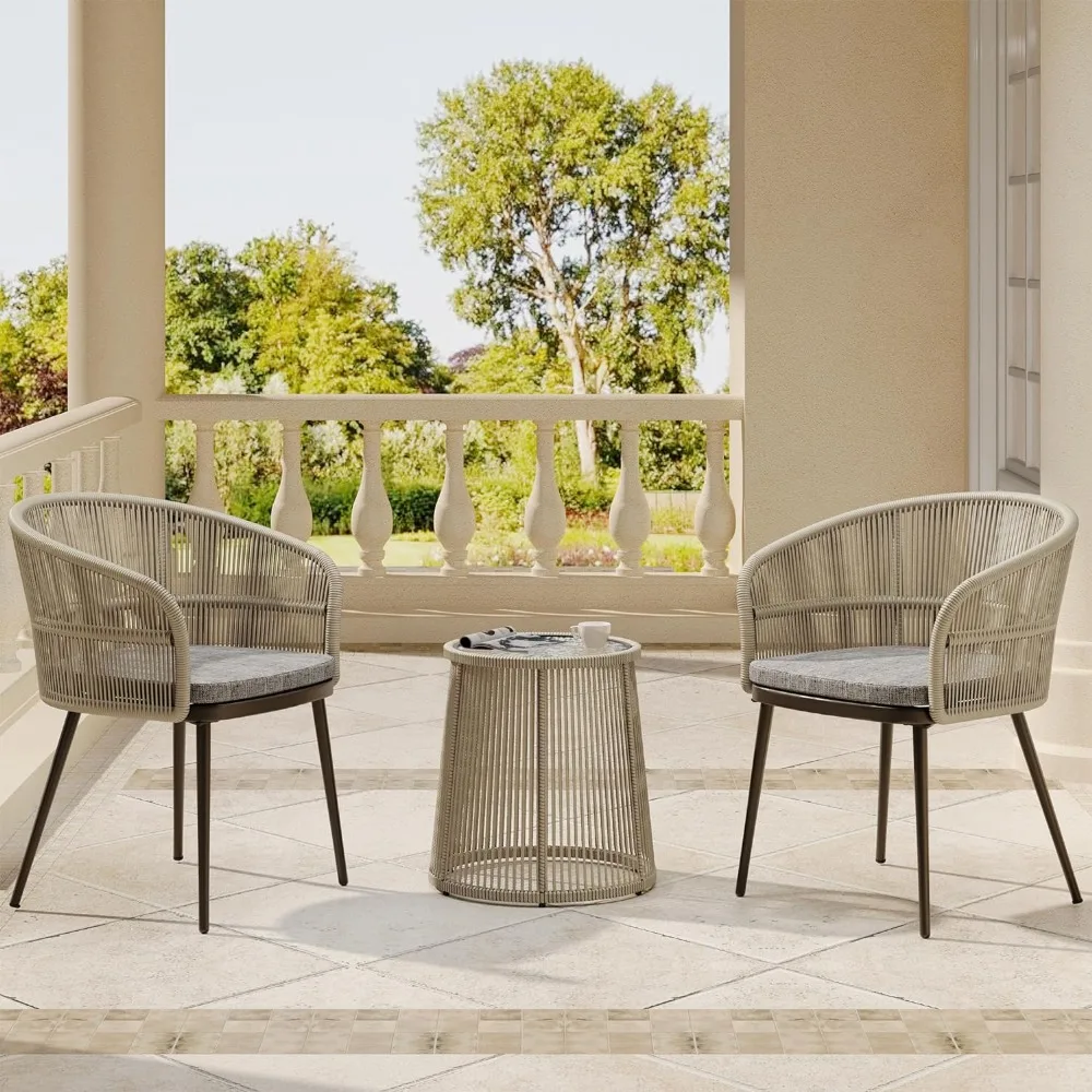 

3-Piece Patio Bistro Set, Patio Conversation Bistro Set with 2 Wide Ergonomic Chairs, Cushions & Glass Top Side Table,