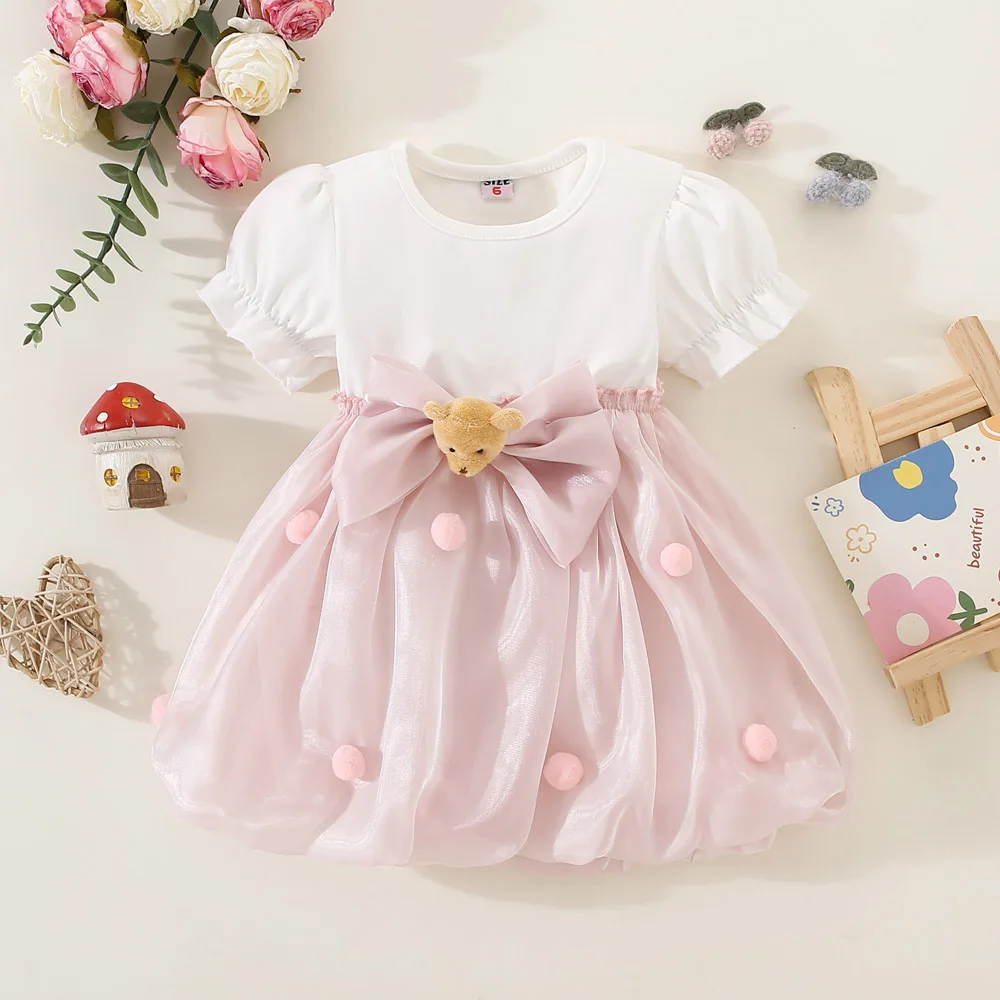 Summer 0-3 Girls\' Dress Baby Girl Bubble Sleeve Top Spliced Large Bow Mesh Fluffy Ball Sweet And Cute Dress