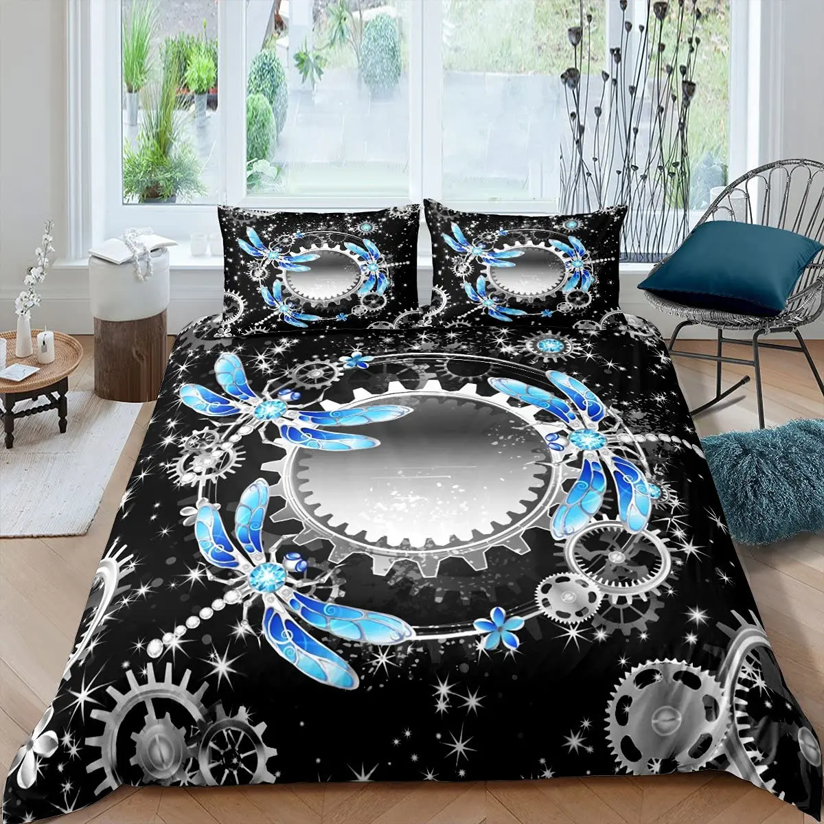 Teal Dragonfly Bedding Sets Mechanical Gear Comforter Cover Diamond Gem Glitter Dreamlike Duvet Cover Set for Kids Girls Women