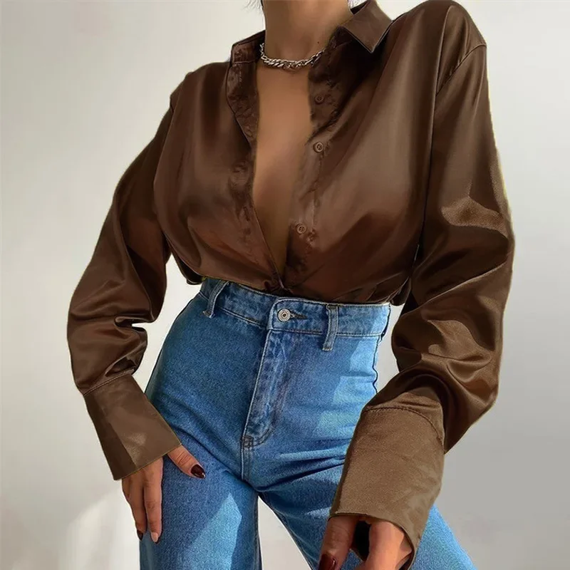 New Casual Long Sleeve Satin Blouse Women Vintage Loose Satin Shirt Women  Loose Button Up Female Shirts Elegant Tops New Blusas