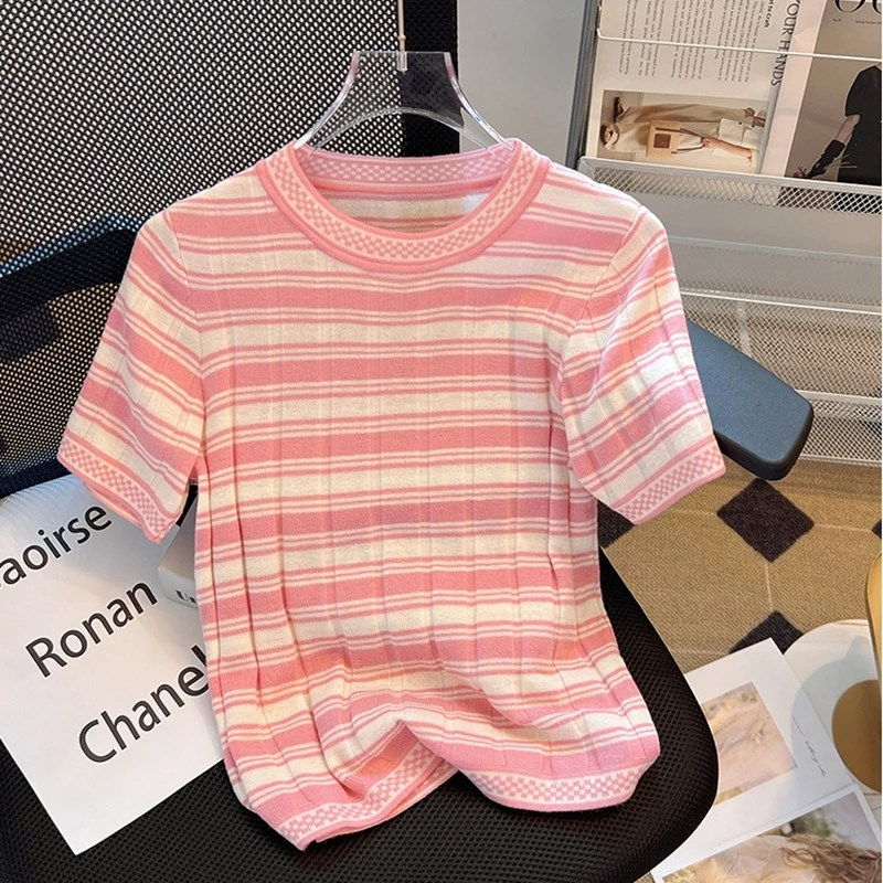 Casual Tees Women Knitting Tops Round Neck Contrast Stripe Short Sleeve Ladies Shirts Summer Sweaters Female Pullovers T-shirt