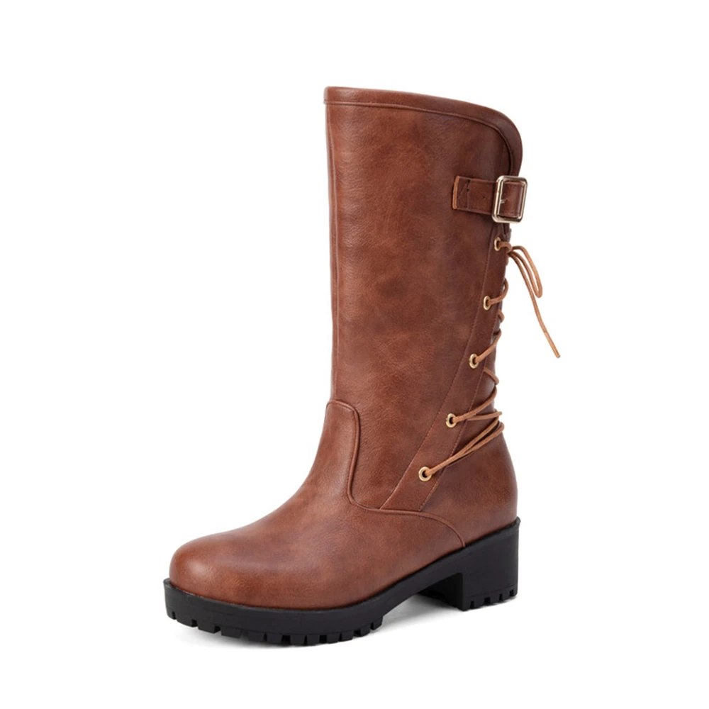 Botas De Mujer 2023 nuovo autunno inverno stivali a metà polpaccio moda donna punta tonda tacchi alti in pelle marrone scarpe con plateau 9943-8