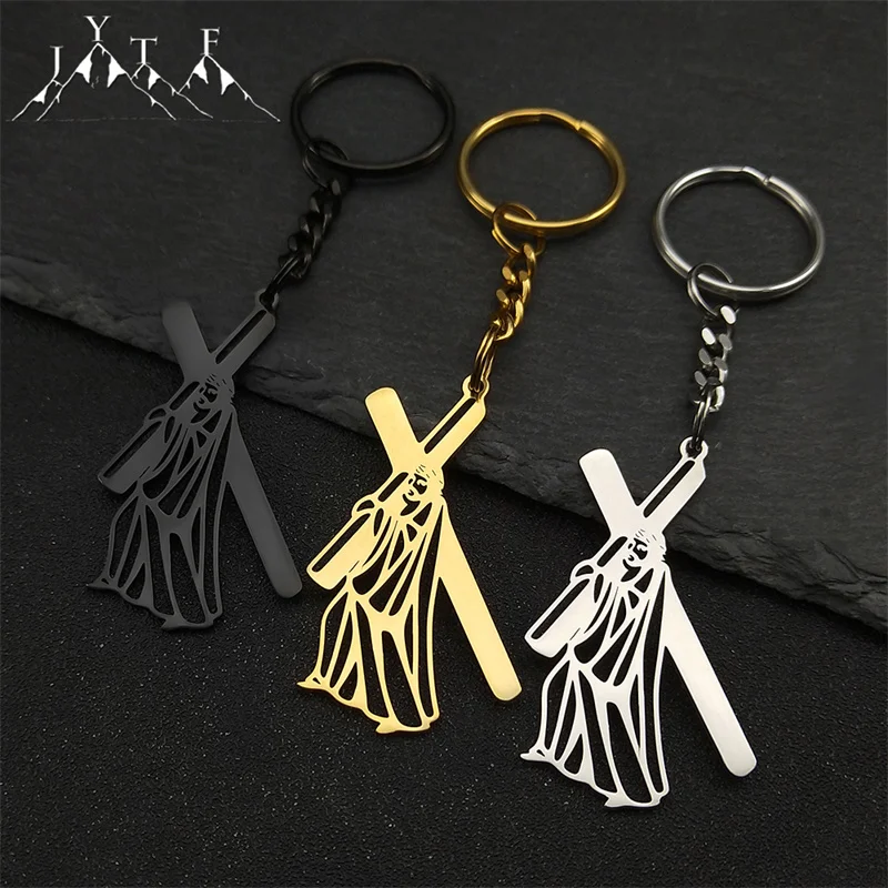 Christian Hollow Jesus Cross Pendant Key Chain for Women Men Stainless Steel Gold Color Crucifix Religion Key Ring Jewelry