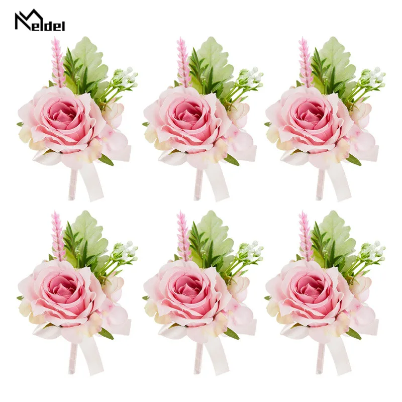 6 pz Champange bianco Groomsman Boutonnieres fiori rose artificiali da sposa damigella d'onore ragazza bracciali fiori corpetto da polso