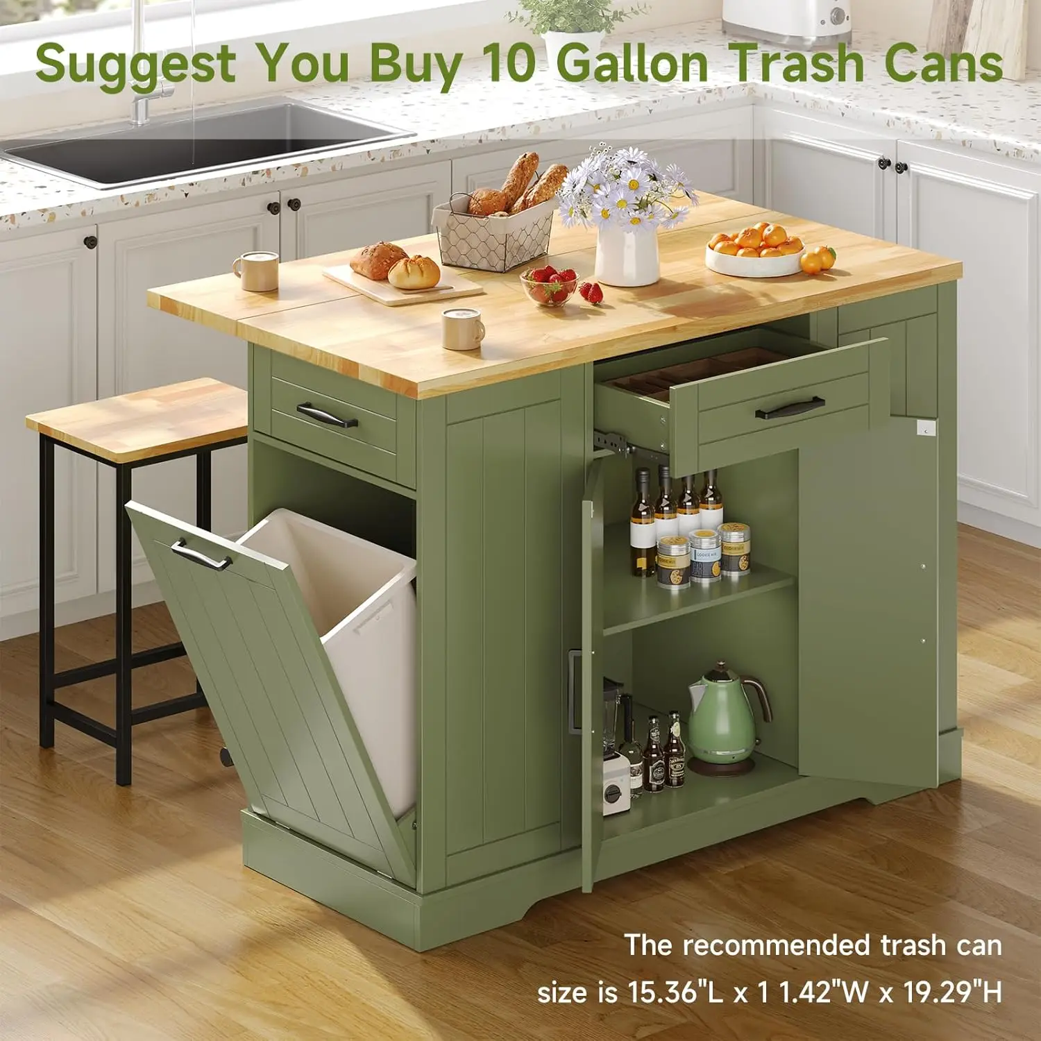 47 Inch Stationary Kitchen Island with Seating Drop Leaf Design Kitchen Island   with Storage Include 2 Bar Stools for Kitch