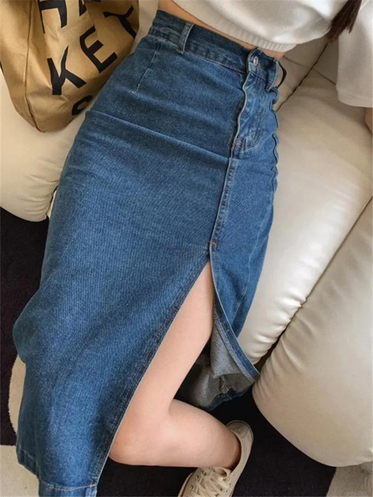 REALEFT Women\'s Midi Denim Skirt Spring Side Split High Wasit Jeans Skirts Straight Female A-line Pencil Skirt 2023 New Summer