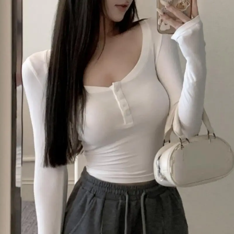 

Pure desire пикантная девушка в стиле сексуальная женская футболка с глубоким вырезом и длинными рукавами с завышенной талией и открытым пупком, короткий внутренний стиль