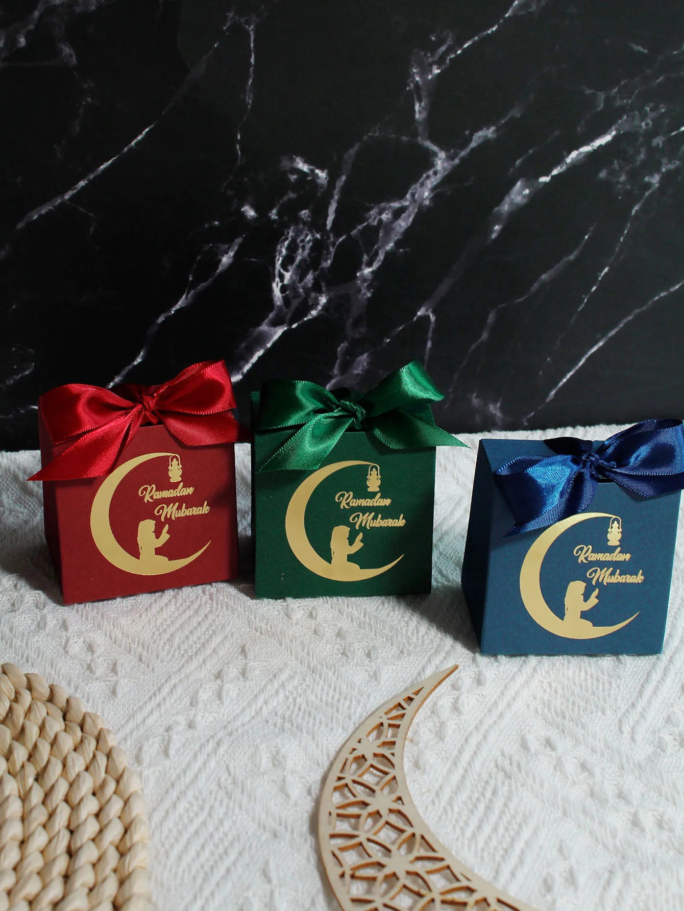 Eid Mubarak Gift Box With Silk Ribbon Ramadan Kareem Candy Chocolate Packaging Bags Muslim Islamic Festival Party Decor